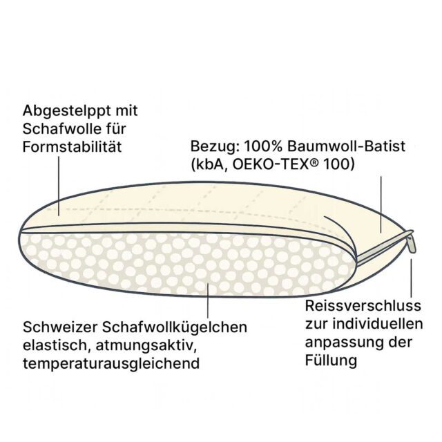 Aufbau, Querschnitt eines gesteppten Kissens mit Schafwolle
